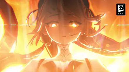Phoenix from Zenless Zone Zero glows amid fiery golden light in this 4K Ultra HD anime girl PC desktop wallpaper and background.