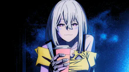 Jessi from Cyberpunk: Edgerunners 2 holding a mug against a starry blue backdrop, 5K Ultra HD PC desktop wallpaper and background.