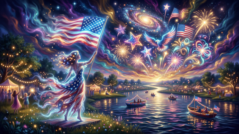 {{ 4th Of July 5K Ultra HD PC desktop wallpaper and background: vivid, cosmic fireworks over a river with American flags, boats and celebrants beneath a swirling, starry sky.
