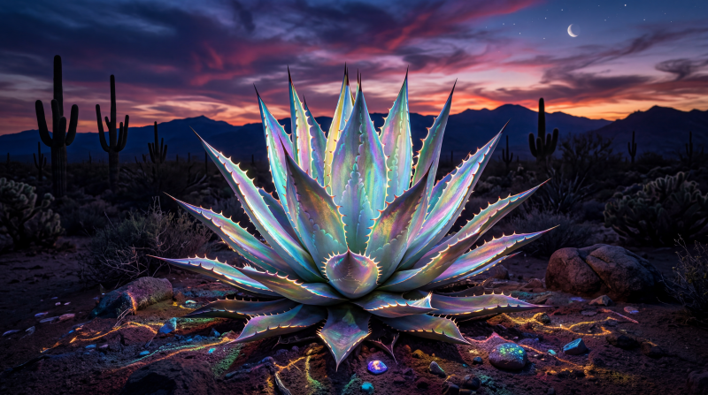 {{ 5K Ultra HD PC desktop wallpaper and background: iridescent agave rosette glowing in a twilight desert, crescent moon above mountains and silhouetted cacti.