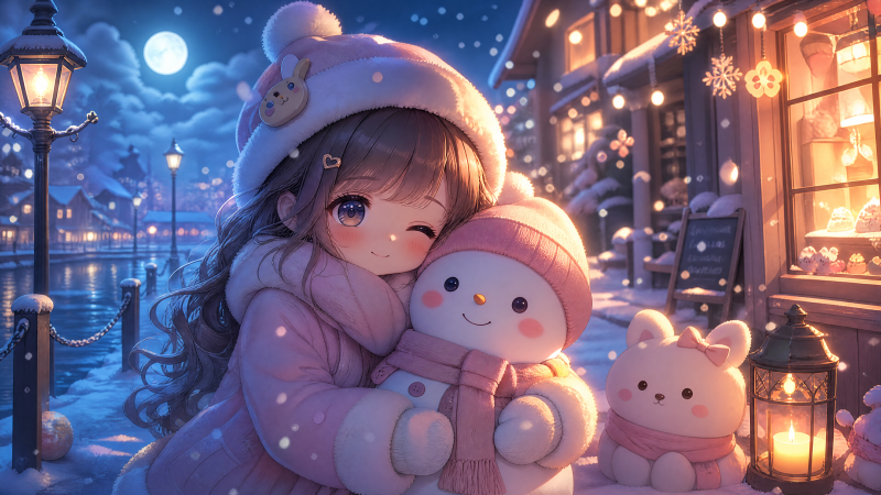 {{ Kawaii winter 4K Ultra HD PC desktop wallpaper and background: a chibi girl in a fluffy hat hugs a smiling snowman and plush bunny by lantern-lit riverside, soft snowfall and cozy night lights.
