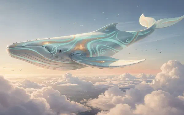 4K Ultra HD PC desktop wallpaper and background: an ethereal flying whale with glowing turquoise swirls gliding above sunlit pastel clouds.