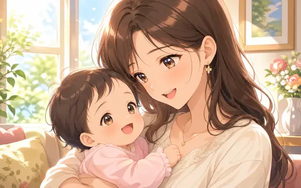 Mother and baby in a sunlit room, smiling as the mother cradles the laughing infant — 4K Ultra HD PC desktop wallpaper background.