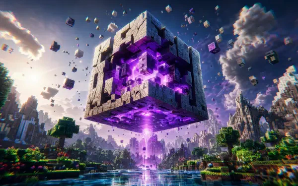 4K Ultra HD PC Desktop wallpaper and background: colossal floating voxel cube radiating purple energy beam above a reflective river, surrounded by blocky forests, mountains and dramatic clouds.