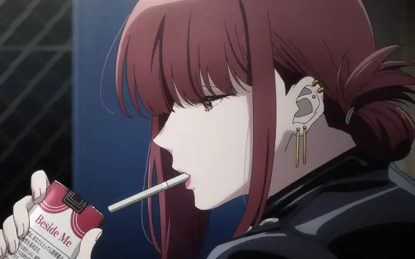 HD PC wallpaper: Anime character Yamada from Smoking Behind the Supermarket with You — red-haired in profile, tied ponytail and ear piercings, holding a cigarette behind a supermarket.