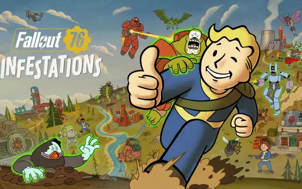 Fallout 76 video game 2K Quad HD PC background: Vault Boy giving a thumbs-up as he runs across a cartoon Fallout wasteland with mutants, power armor, and the Infestations logo.