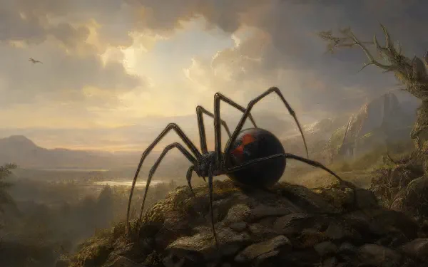 4K Ultra HD PC desktop wallpaper: a black widow spider with red hourglass perched on a rocky outcrop, overlooking a misty valley bathed in golden sunset light.