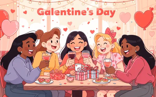 Galentine's Day 4K Ultra HD PC desktop wallpaper: five friends share wine, gifts and sweets at a heart-decorated table, smiling under string lights.