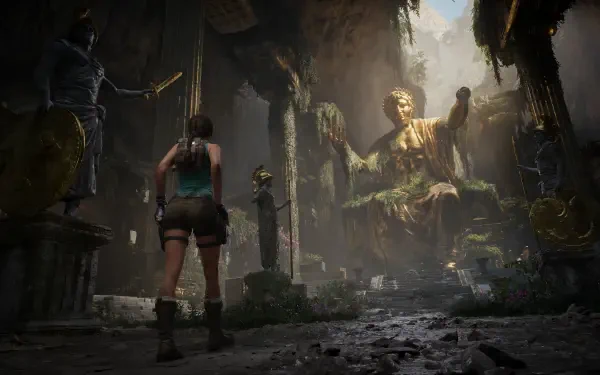 Video game hero Lara Croft from Tomb Raider: Legacy of Atlantis in a sunlit, overgrown Atlantean temple facing a colossal moss-covered statue — 4K Ultra HD PC desktop wallpaper.