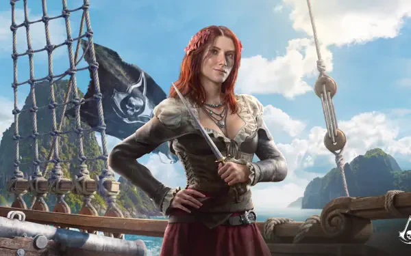 5K Ultra HD PC desktop wallpaper showing a red-haired pirate woman on a ship - video game art from Assassin's Creed Black Flag Resynced (Assassin's Creed), sails and ocean behind her.
