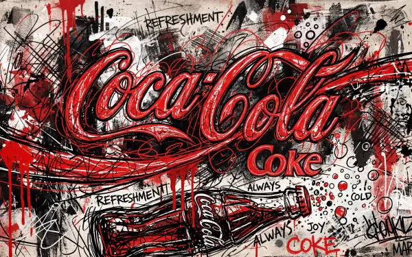 Vibrant graffiti-style Coca-Cola artwork in red, black and white with bold script logo, bottle sketch and graffiti text — 5K Ultra HD PC desktop wallpaper/background.