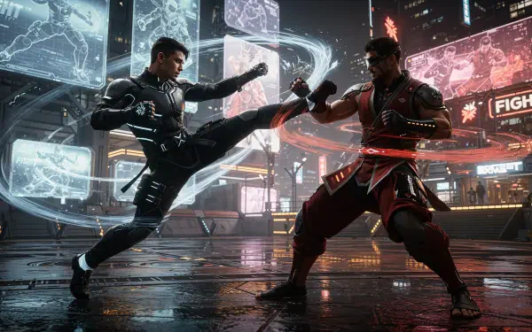 4K Ultra HD PC desktop wallpaper: two martial artists clash in a neon, rain-slicked futuristic city — one lands a high kick as the other raises an arm to block.