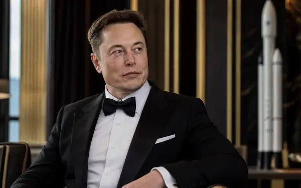 4K Ultra HD PC desktop wallpaper and background: portrait of a man in a tuxedo seated beside a rocket model in an elegant, softly lit interior.