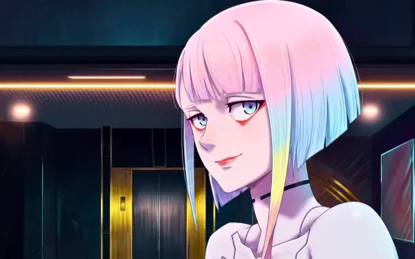 4K Ultra HD PC wallpaper of Lucy from Cyberpunk: Edgerunners — pastel bobbed anime waifu with piercing eyes against a neon-lit Cyberpunk 2077 city interior.