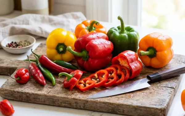 5K Ultra HD PC desktop wallpaper: colorful bell and chili peppers on a wooden cutting board, sliced red pepper and knife in a sunlit kitchen window.