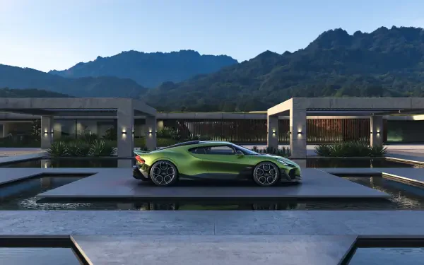Green Bugatti Brouillard sports car on a reflective platform beside modern architecture and distant mountains — 5K Ultra HD PC desktop wallpaper/background.