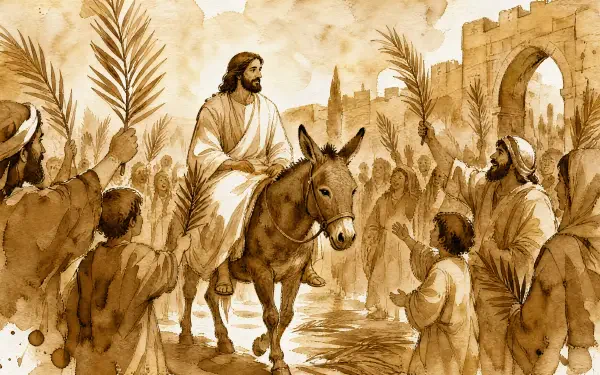 Palm Sunday 4K Ultra HD PC desktop wallpaper: sepia scene of Jesus riding a donkey through a crowd waving palm branches toward a city gate.
