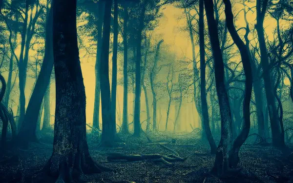 Haunted Forest 4K Ultra HD PC desktop wallpaper and background: shadowed trees, tangled roots and greenish mist filtering light, creating an eerie, atmospheric depth.