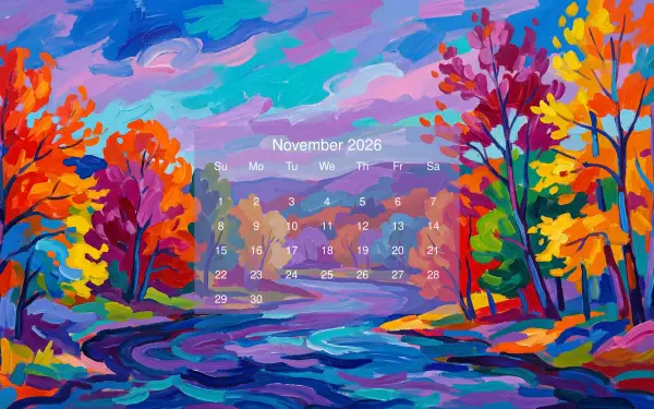 November 2026 calendar over a vibrant impressionist autumn landscape with colorful trees and a river — 5K Ultra HD PC desktop wallpaper and background.