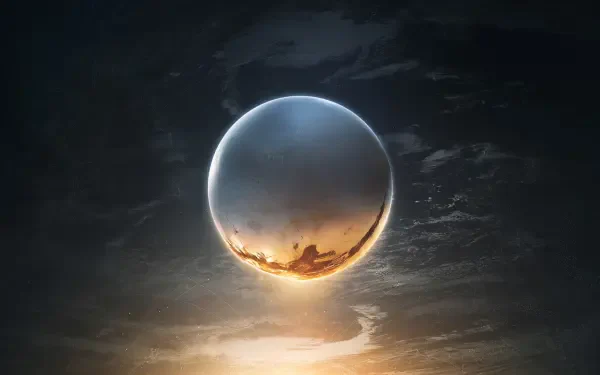 HD PC desktop wallpaper and background from the video game Destiny 2: the glowing Traveler sphere hovers over a sunlit horizon beneath brooding storm clouds.