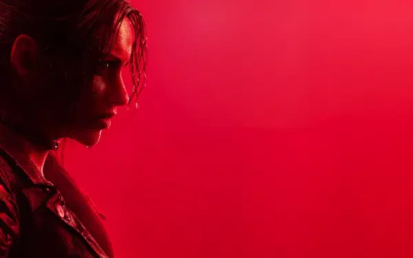 Side-profile of a Resident Evil Veronica character in stark red lighting, shadowed face and wet hair against a crimson backdrop — 4K Ultra HD PC desktop wallpaper.