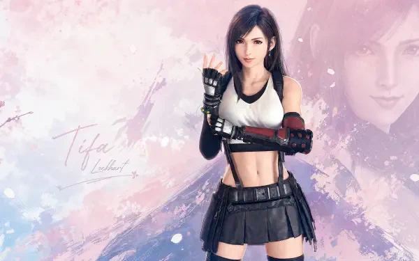 Tifa Lockhart in a 4K Ultra HD PC desktop wallpaper: confident pose, white tank and black skirt with gloves, soft pink-blue textured background with a faint portrait overlay.