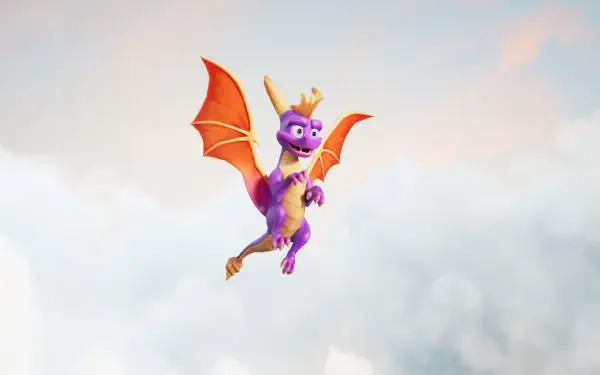 Purple dragon Spyro with a crown and orange wings soaring above soft clouds — 4K Ultra HD PC desktop wallpaper from the video game Spyro: A Realm Beyond.