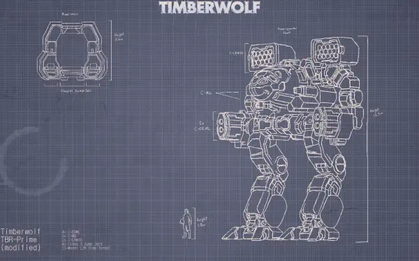 Blueprint-style digital painting illustration of a Timberwolf mech on a blue grid, artwork in landscape orientation — HD PC desktop wallpaper and background.