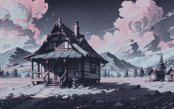 4K Ultra HD digital painting landscape illustration: a moody rural cabin with distant cottages beneath pink clouds and mountain peaks — digital art artwork PC desktop wallpaper background.