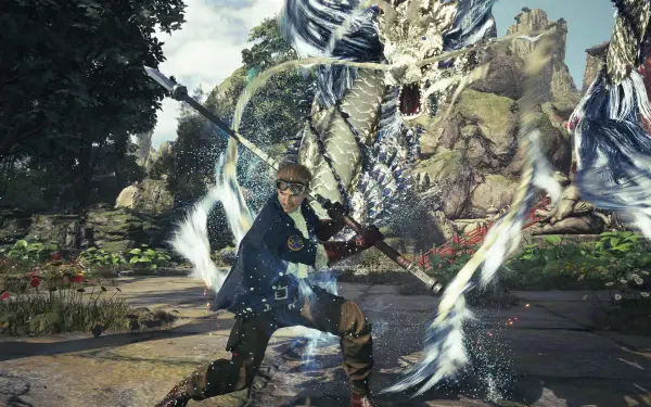 4K Ultra HD PC desktop wallpaper of Final Fantasy VII Revelation: protagonist brandishing a glowing sword amid swirling water-like magic in a rocky, verdant battlefield - video game scene.