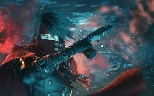4K Ultra HD PC desktop wallpaper/background: Final Fantasy video game — Final Fantasy VII Revelation scene of a masked, gun-wielding hero in a red cloak amid glowing blue-red particles.