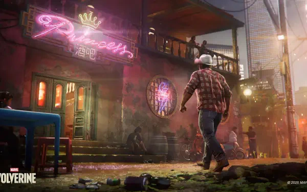 Marvel's Wolverine (X-Men) 2K Quad HD PC wallpaper: a rugged, plaid-clad figure walks toward a neon Princess bar in a rain-slick, gritty city alley at night.