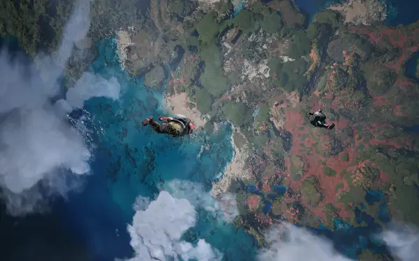 4K Ultra HD PC desktop wallpaper: Final Fantasy VII Revelation video game aerial shot of characters gliding over vivid coastlines and cloud-filled skies.
