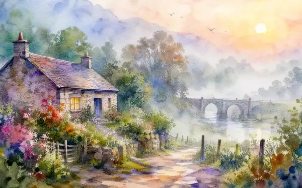 Watercolor-style foggy morning scene: stone cottage by a misty river, arched bridge, sun rising through haze and colorful flowers — 4K Ultra HD PC desktop wallpaper/background.