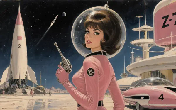 Girly 4K Ultra HD PC desktop wallpaper/background — retro-futuristic illustration of a woman in a pink spacesuit with a bubble helmet and raygun on a lunar cityscape with rockets and domes.