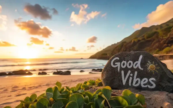 Coastal aesthetic - golden-hour beach with Good Vibes painted on a rock, waves, cliffs and green foreground. 4K Ultra HD PC desktop wallpaper and background.