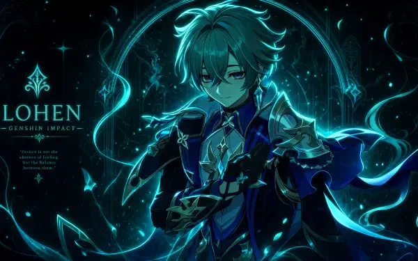 Lohen (Genshin Impact) in teal-blue magical aura, framed by glowing runes and swirling particles — detailed 4K Ultra HD PC desktop wallpaper.