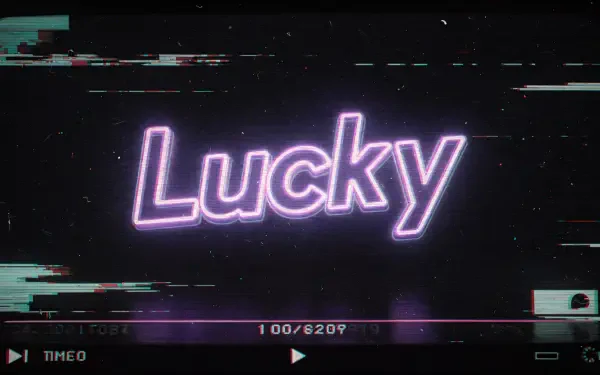 Neon Lucky text in purple-glitch style on a dark starry field with VHS scanlines and distortion — 4K Ultra HD PC desktop wallpaper/background with retro cyberpunk vibe.