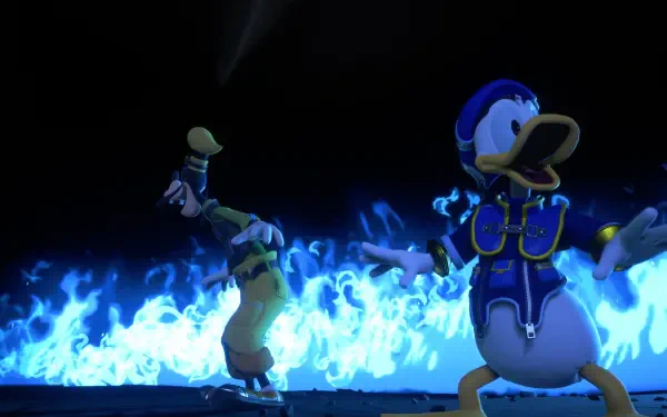 Kingdom Hearts IV 4K Ultra HD PC wallpaper: Donald Duck and Goofy recoil as blue spectral flames surge across a dark battlefield.