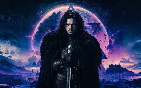 Brooding medieval warrior in a black fur cloak holding a sword before a glowing purple moon and distant fortress — 4K Ultra HD PC desktop wallpaper.