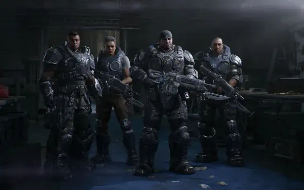 HD PC desktop wallpaper of the Gears of War video game — four heavy‑armored soldiers from Gears of War: E-Day stand armed in a dim shelter, ready for battle.