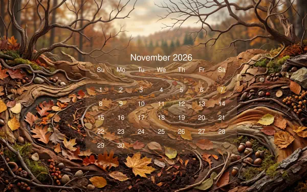 5K Ultra HD PC desktop wallpaper: November 2026 calendar over a detailed autumn forest floor of roots, fallen leaves and acorns, warm golden light and distant misty trees.