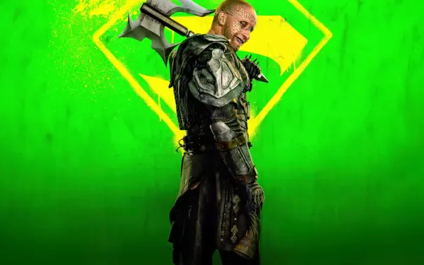 Promotional 5K Ultra HD PC desktop wallpaper for Supergirl (2026): armored figure in dark armor stands against a neon green background featuring a yellow Supergirl-style emblem.