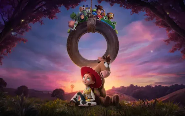 Toy Story 5 4K Ultra HD PC desktop background: Jessie sits with Bullseye beneath a hanging tire as Woody, Buzz and other toys perch above against a vibrant sunset meadow.