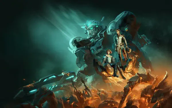 4K Ultra HD PC desktop wallpaper of a Gundam: a towering teal mech looms behind two pilots standing on debris above a fiery battlefield, glowing weapons and swarms of enemy drones.