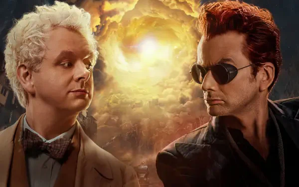 Good Omens 4K Ultra HD PC desktop wallpaper and background: angelic figure in cream facing a sunglasses-wearing dark counterpart beneath a swirling golden sky.