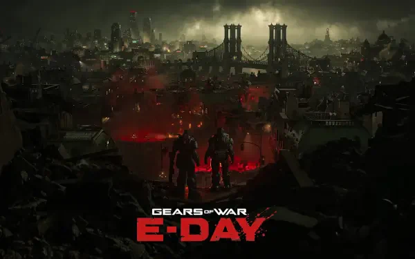 4K Ultra HD PC desktop wallpaper and background for Gears of War: E-Day — Gears of War scene with silhouetted soldiers overlooking a ruined, smoke-filled city and red-glowing chasm.
