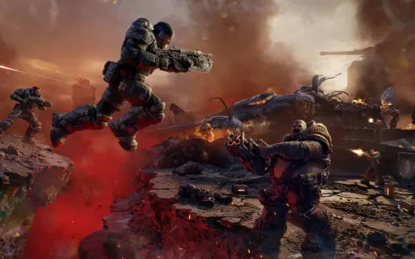 HD PC desktop wallpaper for the video game Gears of War — Gears of War: E-Day scene with armored soldiers leaping across a fiery, ruined battlefield amid explosions