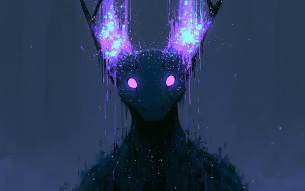 Fantasy creature with glowing purple eyes and horn-like luminescence, dripping stardust against a dark blue void — 2K Quad HD PC desktop wallpaper and background.