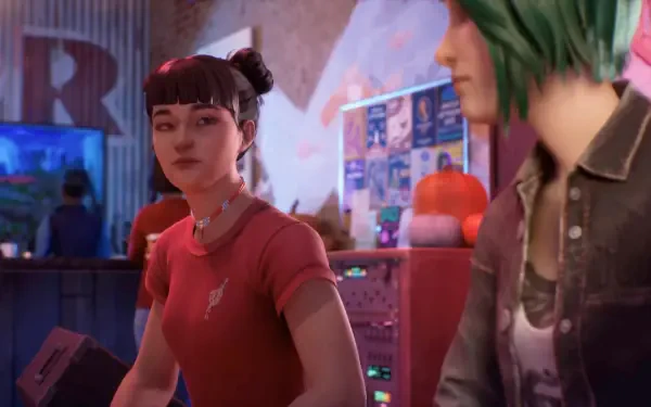 Two characters from the video game Life Is Strange: Reunion—a dark-haired girl and a green-haired friend—chat in a neon-lit room. 4K Ultra HD PC desktop wallpaper/background.